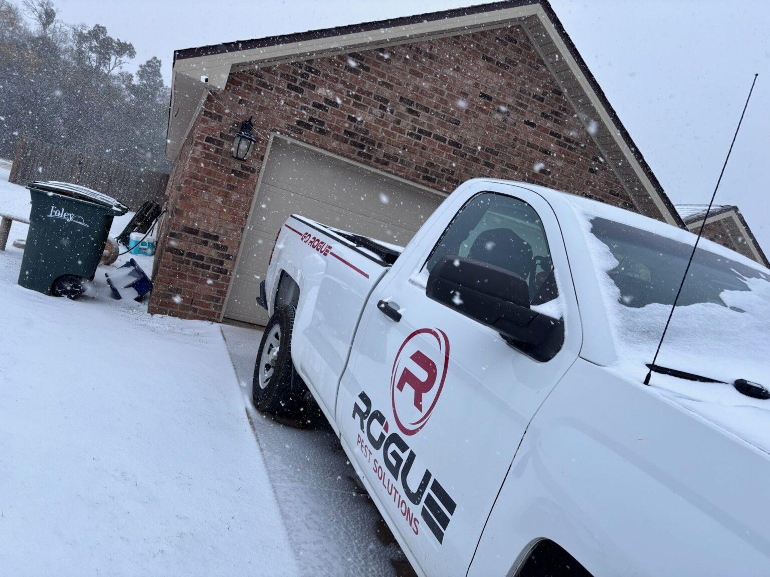 Rogue Pest Solutions service truck in winter conditions