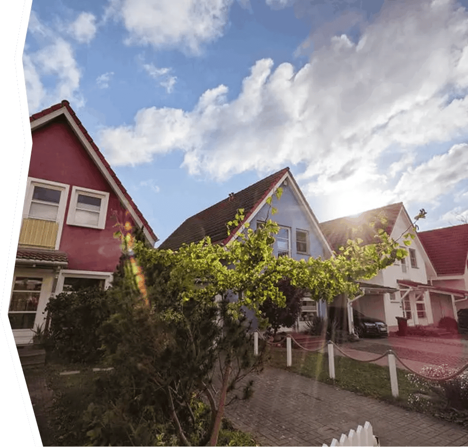 Row of colorful craftsman homes